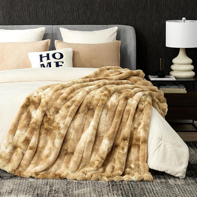 Cozy Bliss Deluxe Striped Rabbit Faux Fur Throw Blanket, Soft Fluffy Warm Plush - Image 6