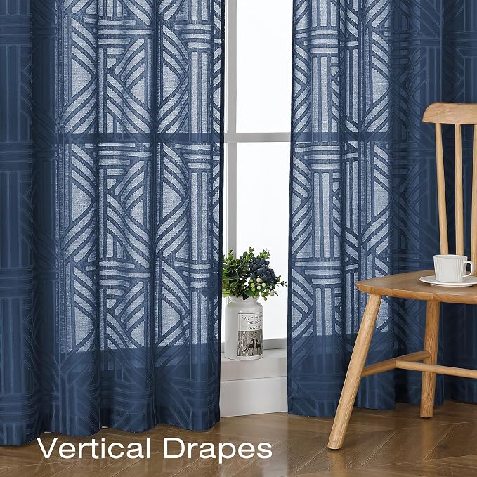 Simplebrand Navy Blue Semi Sheer Curtains 54 Inch Length 2 Panels, Geometric - Image 5