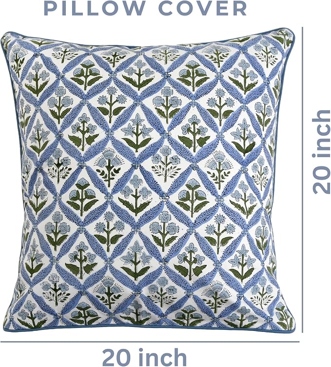 Ridhi Block Print Light Steel Blue Pillow Cover 20" x 20" Decorative Couch - Image 3
