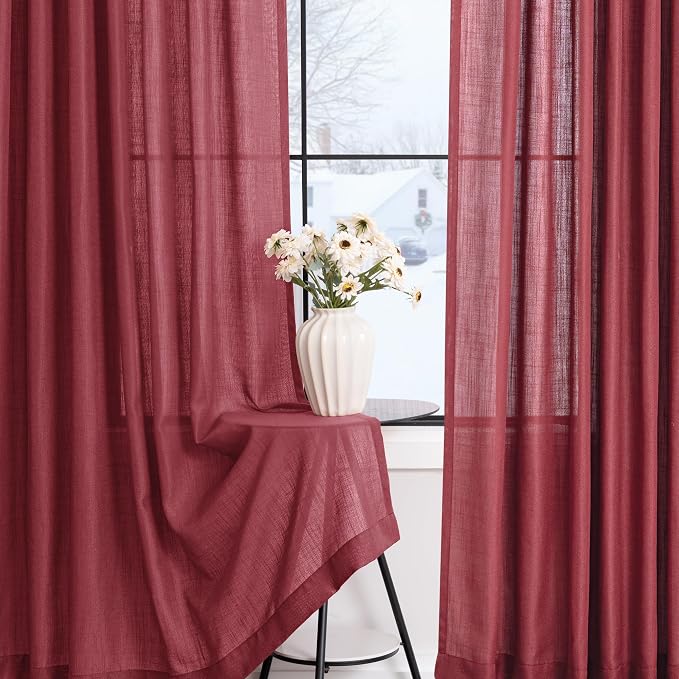Burgundy Curtains for Living Room Back Tab Modern Farmhouse Semi Sheer Burgundy - Image 3