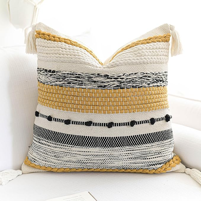 BlissBlush Yellow Mustard Decorative Throw Pillow Cover 18x18 Square Boho by BlissBlush