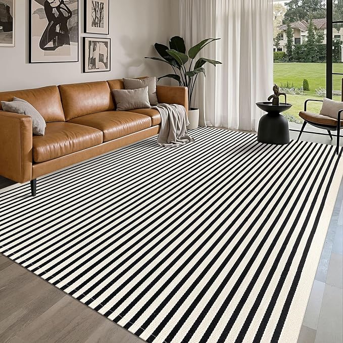 IOHOUZE Black Beige Striped Rug -8'x10' Indoor Outdoor Rug, Washable Area Rug by iOhouze
