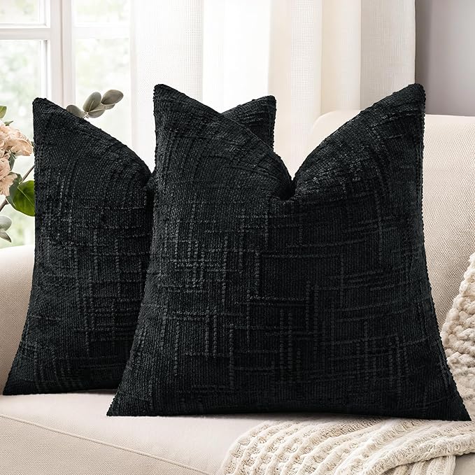 decorUhome Black Chenille Euro Sham Throw Pillow Covers 24x24 Set of 2 Textured by decorUhome