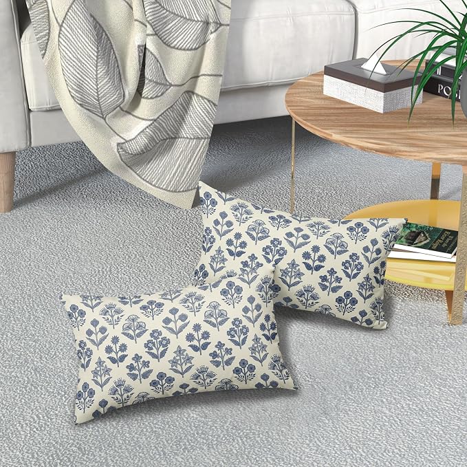 Dark Blue Floral Pillow Covers 12x20 Inch Set of 2, Block Print Lumbar Flower - Image 7