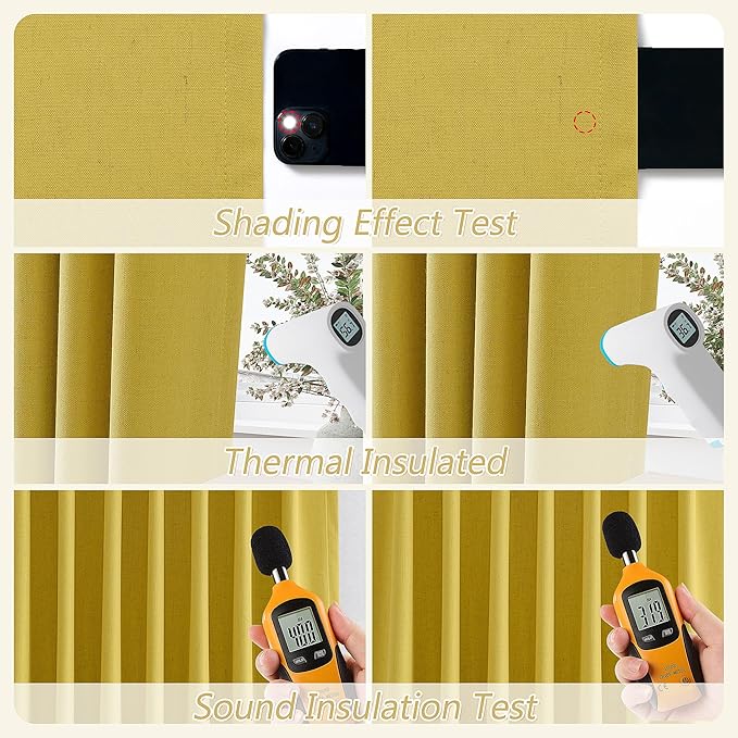 Guken Celery Yellow 100% Blackout Linen Curtains 102 Inch Length 2 Panels Set - Image 6