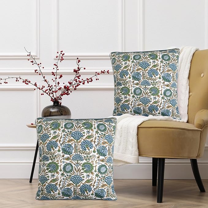 Ridhi Block Print Asparagus Green Pillow Cover 20" x 20" Decorative Couch - Image 5