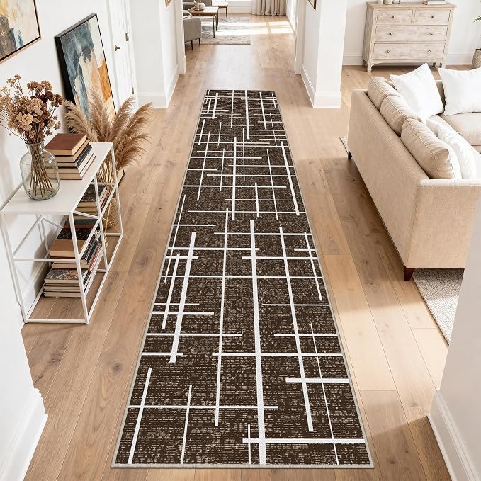 Non Slip Hallway Runner Rug 2.6x12, Modern Distressed Stripe, Washable Extra - Image 8