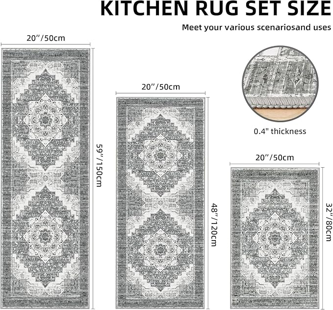 Tritard 100% Non Slip Kitchen Rugs Sets of 3 Washable Boho Kitchen Mats - Image 2