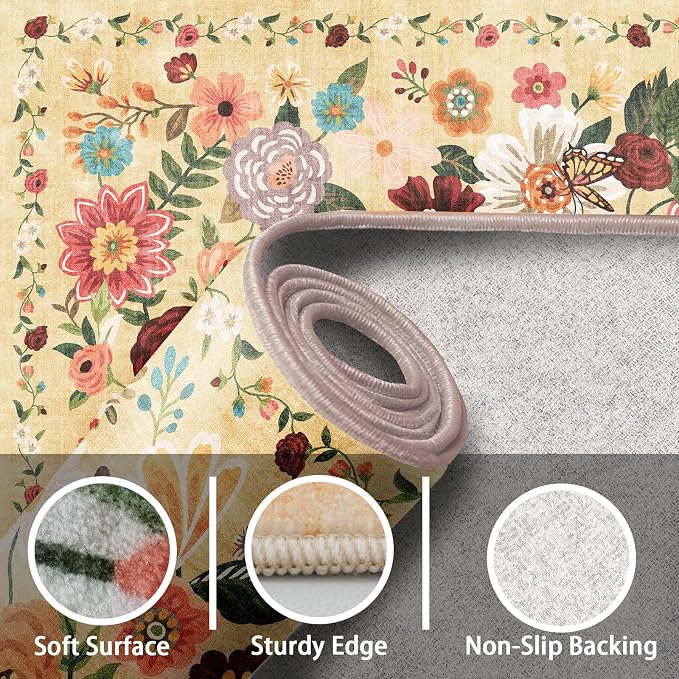 Floral Rug for Entryway, 2x3 Washable Kitchen Mat Ultra-Thin Soft, Non-Slip - Image 3