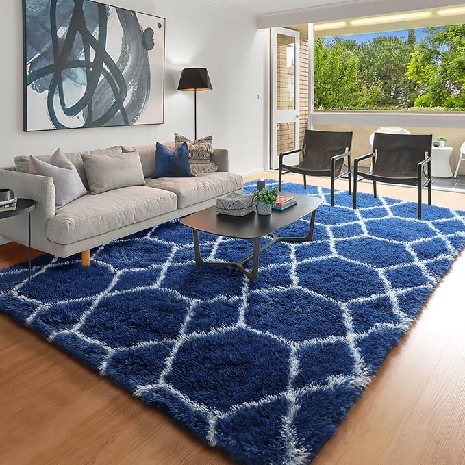 ONASAR Geometric Area Rugs 5x8 for Living Room, Fluffy Moroccan Navy and White - Image 5