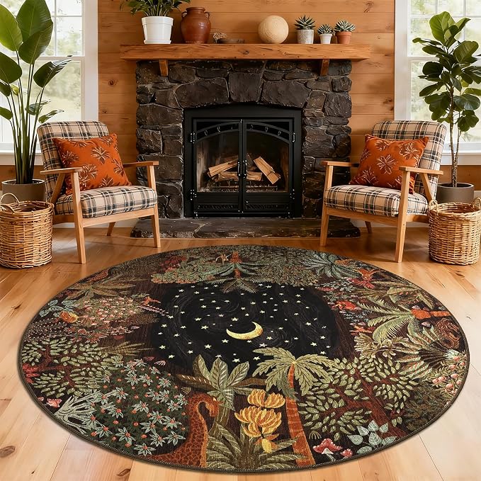 GarveeHome Round Area Rugs 8ft for Living Room, Large Brown Jungle Washable by GarveeHome