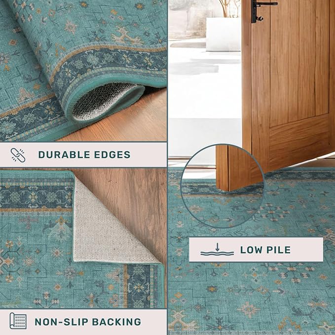 Washable 10x12 Large Teal Teal Boho Living Room Rug - Image 4