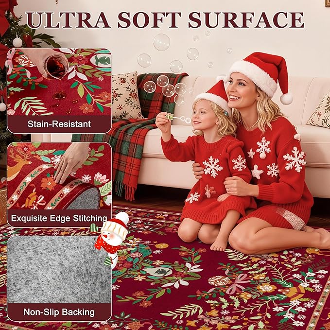 8x10 Area Rugs Living Room Rug: Christmas Washable Rug Floral Soft Carpet - Image 4