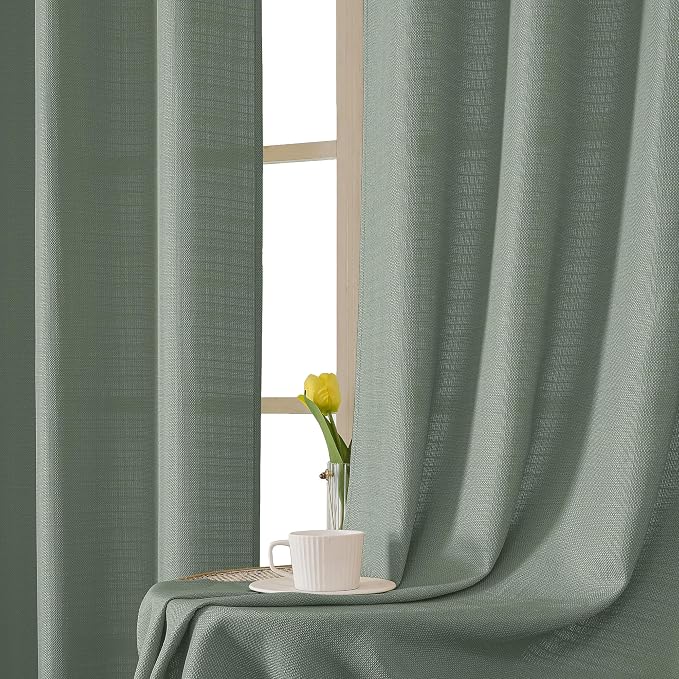 Chyhomenyc Sage Green Curtains 90 Inch Length 2 Panels Set, Faux Linen Textured - Image 6
