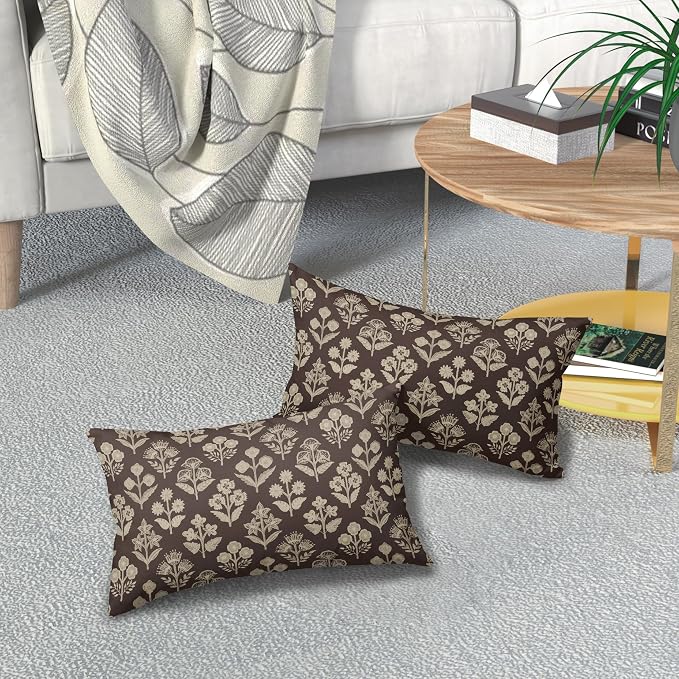 Drak Brown Pillow Covers 12x20 Inch Set of 2, Cream Floral Block Print Pattern - Image 7