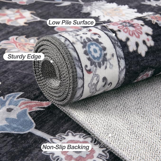 Tangsoo Floral Area Rug 4x6 Machine Washable Rug Non-Slip Vintage Distressed - Image 4