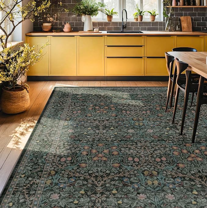 Vintage Dark Green Living Room Rug, 7x10 Washable Area Rugs - Image 3