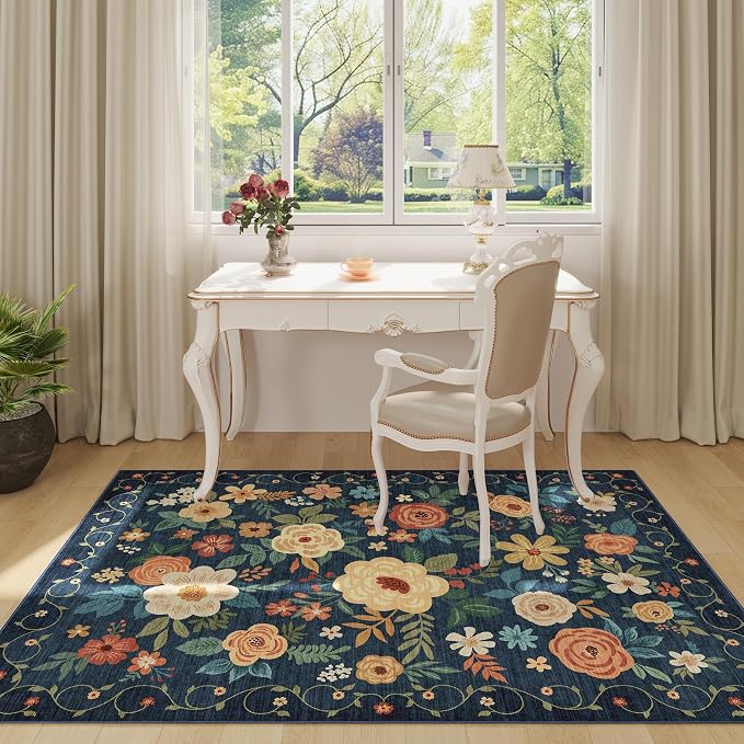 DUKINO 4x6 Area Rug, Lightweight Non Slip Washable Floral Rug, Indoor Low Pile - Image 2