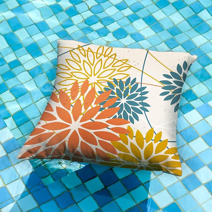 Orange and Yellow Floral Pillow Covers 16x16 Set of 2 Fall Outdoor Waterproof - Image 4