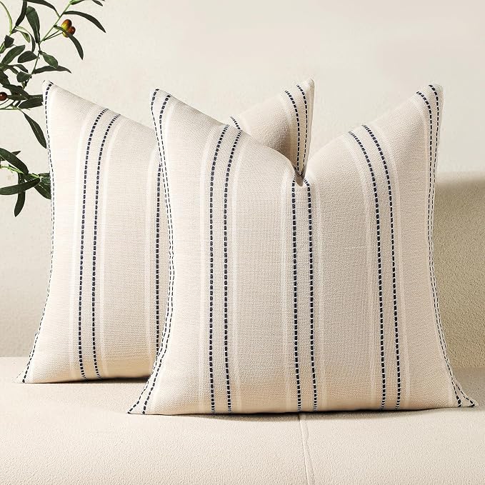 Hckot Throw Pillow Covers 20x20 Set of 2 Striped Pillow Covers Textured Linen by Hckot