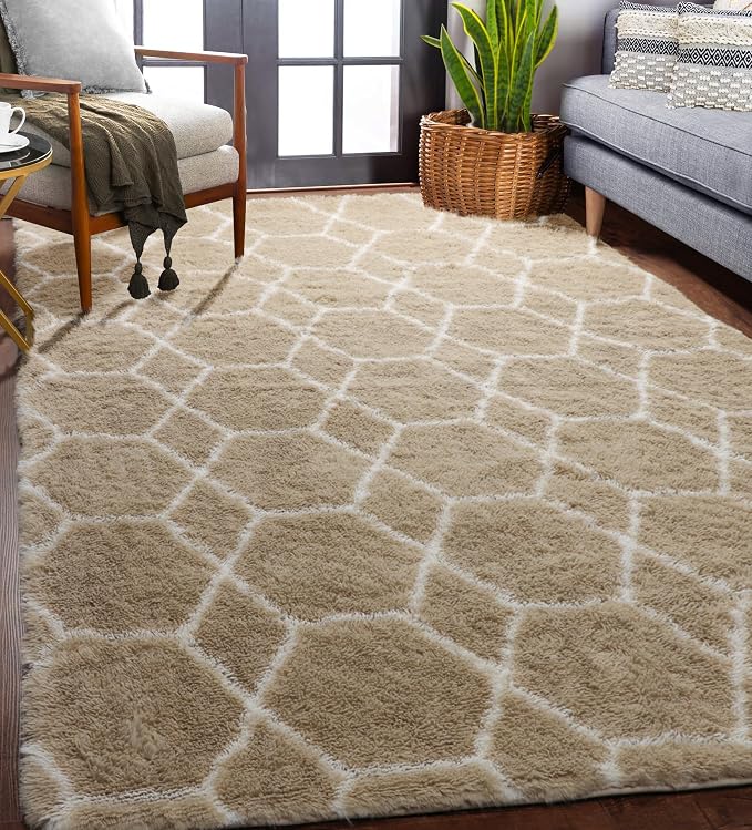 ONASAR 5x7 Area Rugs for Living Room Bedroom, Fluffy Beige and White Shag Rug - Image 4