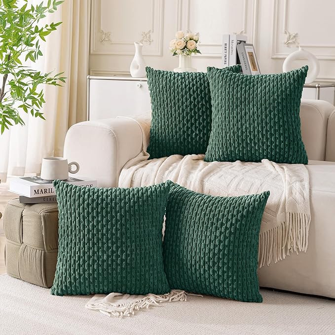Set of 4 Dark Green Decorative Throw Pillow Covers 18x18 Inch Corduroy Pillow by Cozoomy