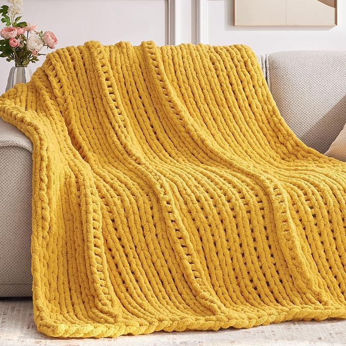 Chunky Knit Throw Blanket, Handmade Yellow Crochet Big Thick Blanket, Machine by Unknown