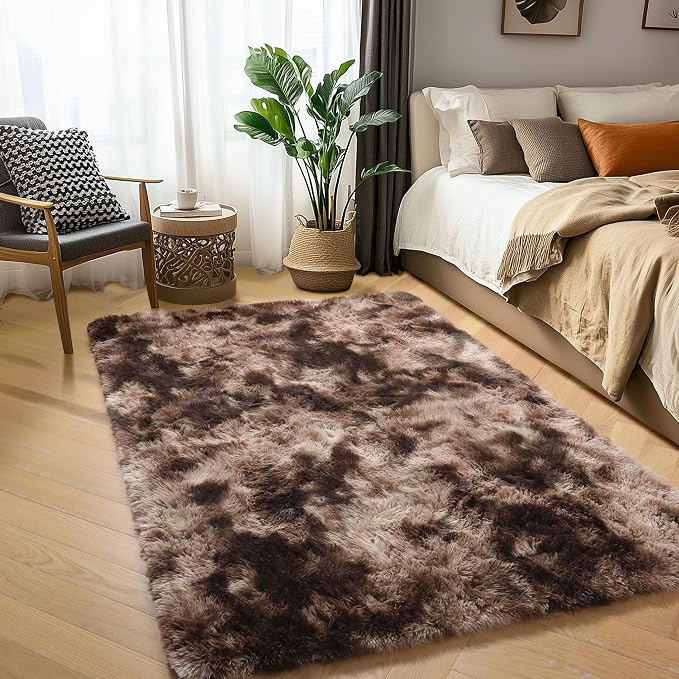 Amdrebio Tie-Dyed Brown Rugs for Bedroom Living Room, 5x7 Fluffy Shaggy Plush - Image 7