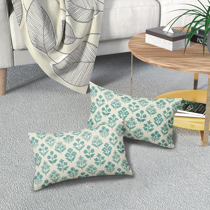 Teal Floral Pillow Covers 12x20 Inch Set of 2, Block Print Lumbar Flower Cream - Image 7