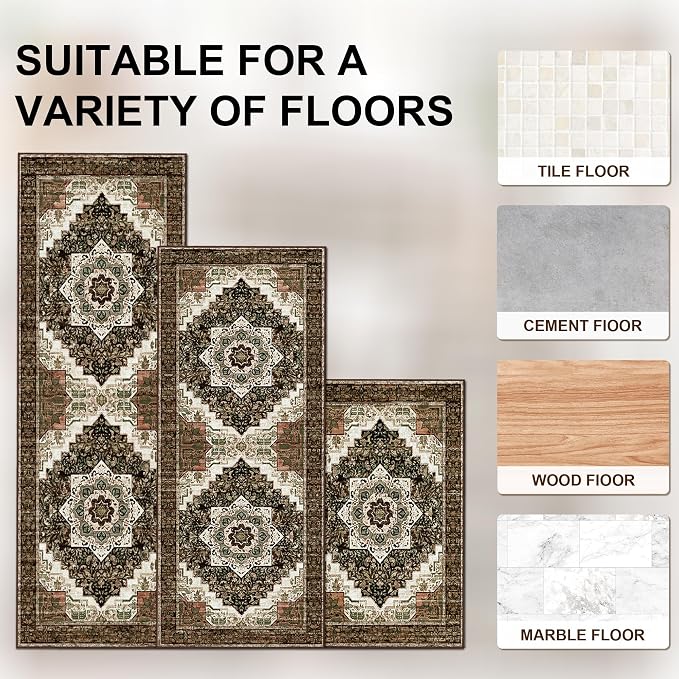 Tritard 100% Non Slip Kitchen Rugs Sets of 3 Washable Boho Kitchen Mats - Image 4