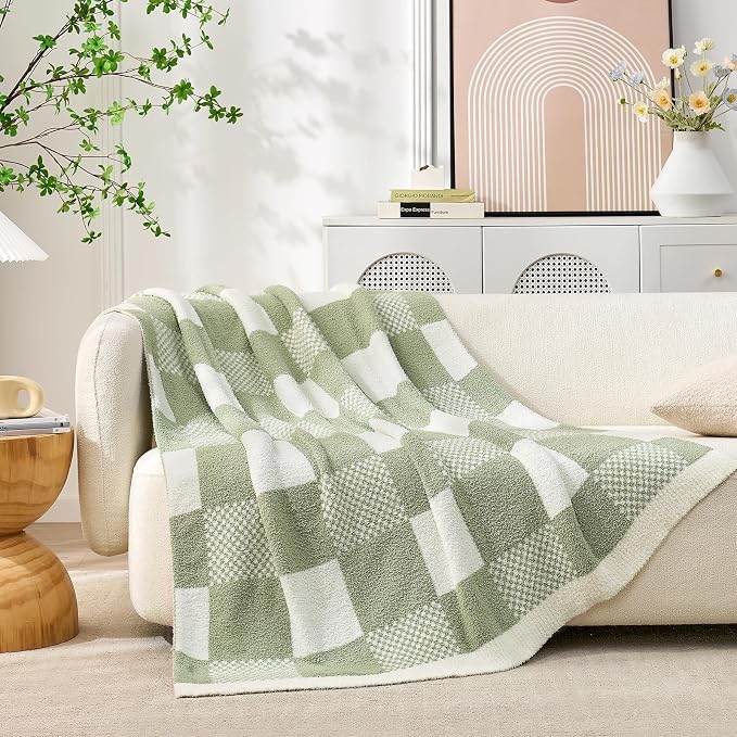 Snuggle Sac Checkered Blanket, Sage Green Throw Blanket - Image 3