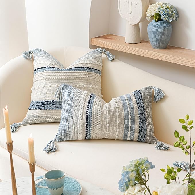 BlissBlush Coastal Blue Boho Decorative Throw Pillow Cover 18x18 Modern - Image 4