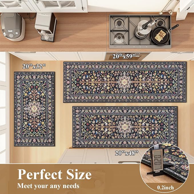 HEBE Boho Kitchen Rugs Sets of 3 Non Slip Washable Farmhouse Kitchen Rugs and - Image 2