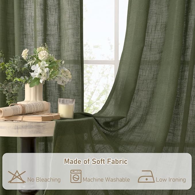 LAMIT Olive Green Linen Sheer Curtains 90 inch - Image 8