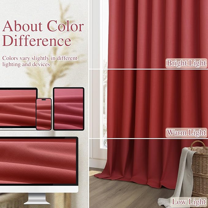 Guken Red 100% Blackout Linen Curtains 108 Inch Length 2 Panels Set - Image 7