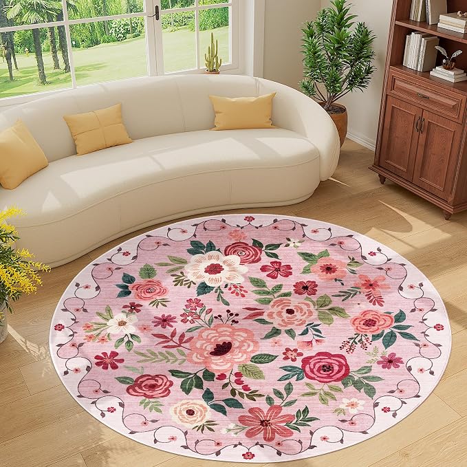 DUKINO Floral Round Rug, 6ft Washable Circle Rug, Non Slip Indoor Low Pile - Image 7