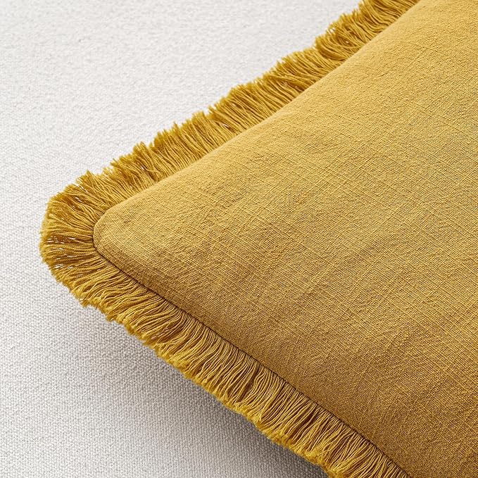 MIULEE Decorative Lumbar Throw Pillow Covers Neutral Linen Fringe Throw Pillows - Image 3