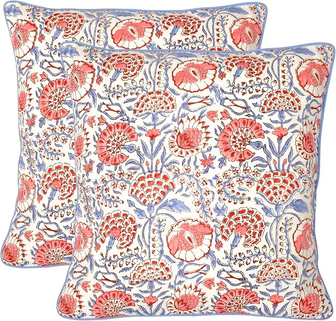 Ridhi Block Print Flamingo Pink Pillow Cover 18" x 18" Decorative Couch Pillows by Ridhi