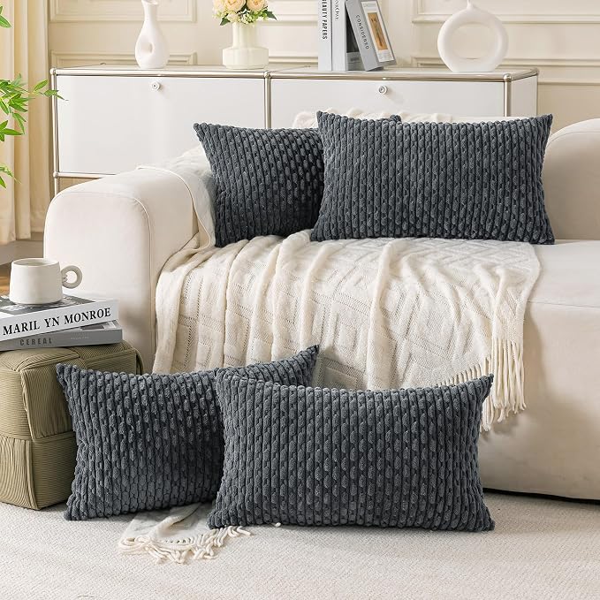 Set of 4 Medium Grey Decorative Throw Pillow Covers 12x20 Inch Corduroy Pillow by Cozoomy