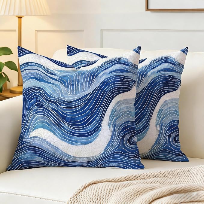Navy Blue and White Wavy Throw Pillow Covers 18x18 Set of 2, Modern Abstract - Image 3