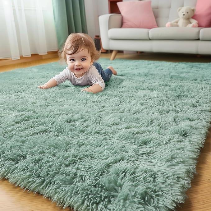 Sage Green Rugs for Bedroom Living Room Aesthetic, Fluffy Furry Area Rug 5x8 by Amdrebio