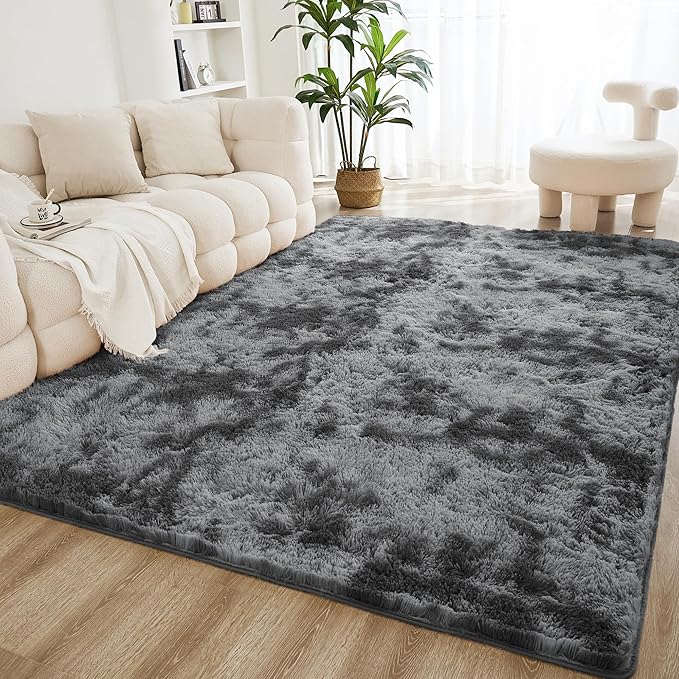Litanika 9x12 Shag Area Rug for Living Room Bedroom, Tie-Dyed Dark Grey High by Litanika