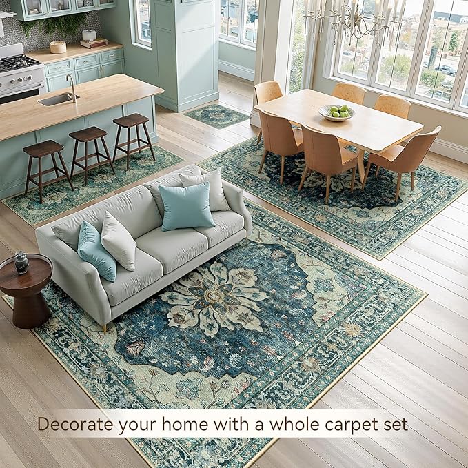 Area Rugs 8'x10' Washable Non-Slip, Floral Vintage Distress Print Pattern - Image 3