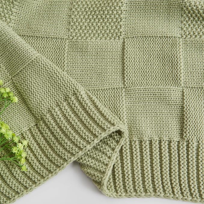 CozeCube Check Knit Throw Blanket, Sage Green Checkered Throw - Image 9