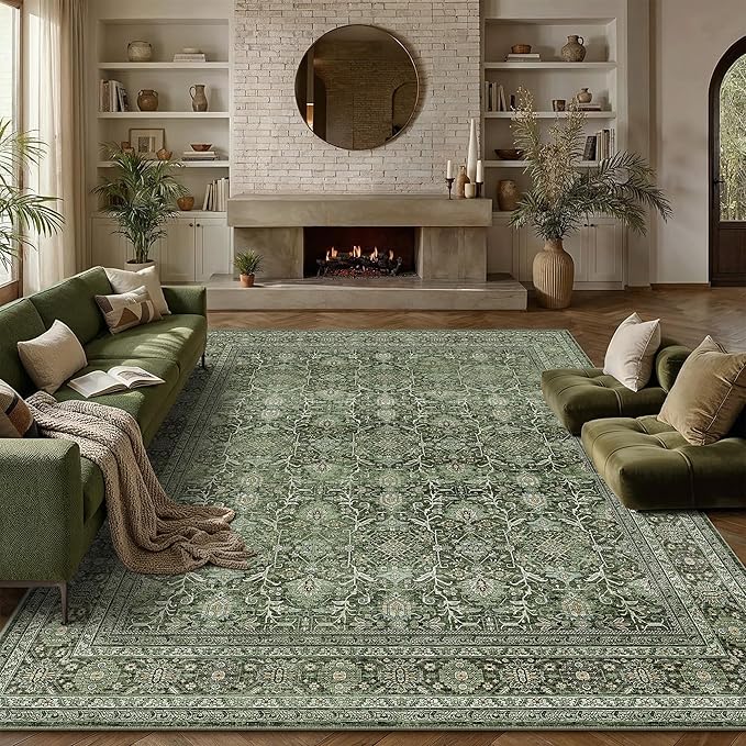 PureCozy Area Rug 8x10 Green Washable Living Room Carpet Soft Non Slip Vintage by PureCozy