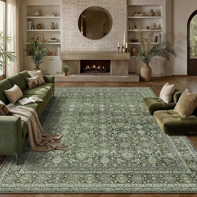 PureCozy Area Rug 6x9 Green Washable Living Room Carpet Soft Non Slip Vintage - Image 2