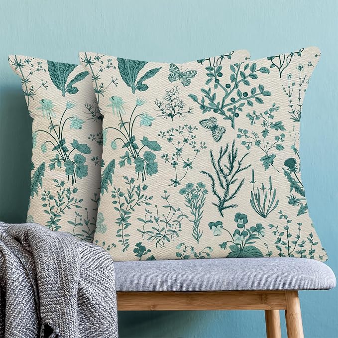 AEIOAE Summer Pillow Covers 18x18 Inch Set of 2, Teal Green Wild Flower Plant - Image 2