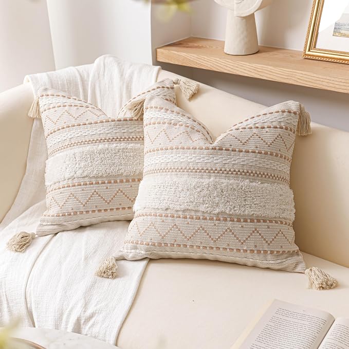 BlissBlush Decorative Throw Pillow Covers 20x20 Combo Set of 2 Square Cream - Image 6