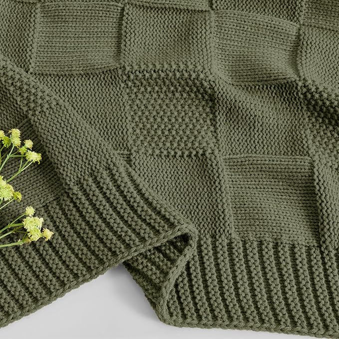 CozeCube Check Knit Throw Blanket, Olive Green Checkered Throw - Image 9
