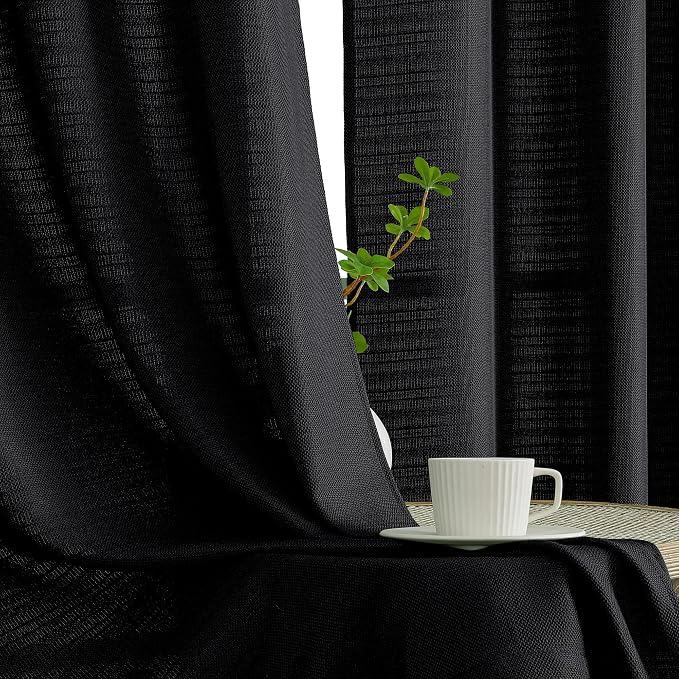 Chyhomenyc Black Curtains 72 Inch Length 2 Panels Set, Faux Linen Textured Semi - Image 7